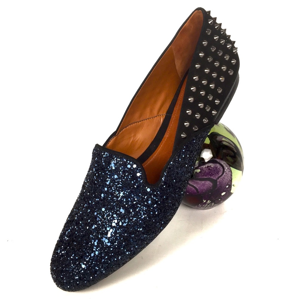 Glistening blue & stud black Schultz flats size 10